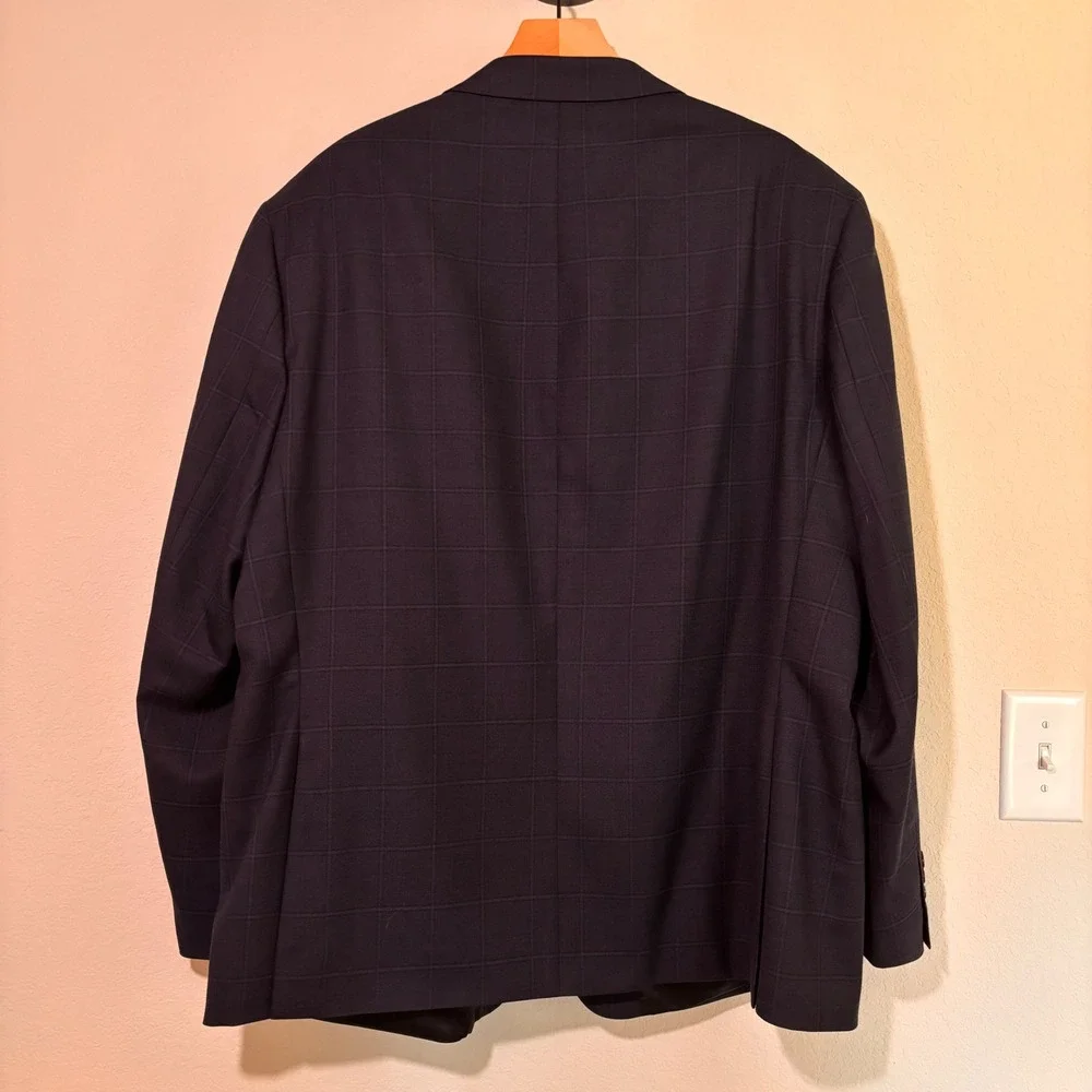 Lauren Ralph Lauren Blazer 50R Wool Blend Navy Blue Windowpane Plaid